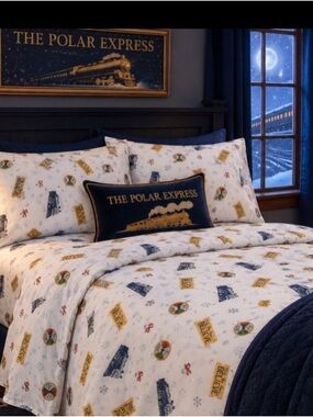 Pottery Barn Polar Express Sheet Set Train Twin Twin XL Christmas Holiday Cotton
